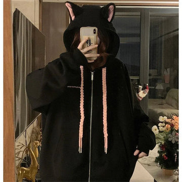 2025 Cute Girls Spring And Autumn New Cute Cat's Ears Hooded Coat Collection Casual Fashion Versatile Trends Lazy Wind
