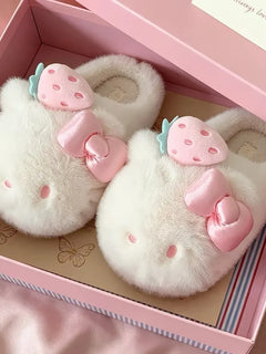Sanrio Hello Kitty Strawberry Plush Autumn Winter Warm Slippers Girls Daily Home Slippers TPR Anti Slip Sole Cute House Slippers
