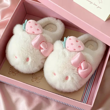 Sanrio Hello Kitty Strawberry Plush Autumn Winter Warm Slippers Girls Daily Home Slippers TPR Anti Slip Sole Cute House Slippers