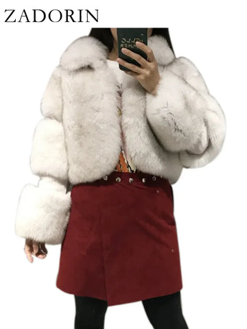 ZADORIN Winter Cropped Jacket Women Turn Down Collar Furry Faux Fox Fur Coat Woman Long Sleeve Thick Warm Fluffy Fur Jacket Tops