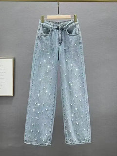 New 2026 Women's Jeans Pants Beading High Waist Casual Straight Pants for Women Streetwear Elegant Splice Denim Female Trousers