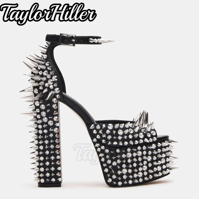 Punk Silver Rivets Platform Heeled Sandals Block Heel Women Gothic Rock Buckle Strap High Heels Designer Luxury Hot Girls Shoes