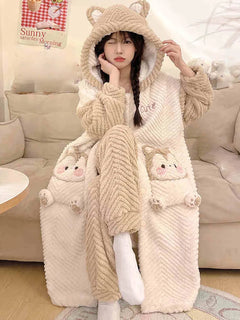 Thicker Women's Pajamas Warm Sweet Hooded Nightgown Winter Flannel Kawaii Home Clothes Female Cute Soft Chic Robes 2XL пижама