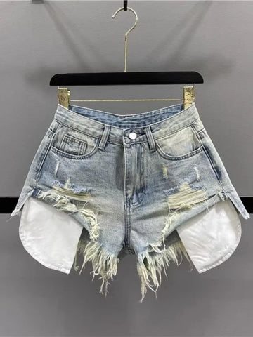 HOUZHOU Pantaloncini di jeans strappati vintage per donna Pantaloncini Y2k coreani sexy blu Gyaru a vita alta Streetwear Jeans corti Estetica