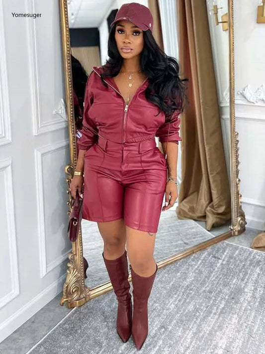 Yomesugar Autumn Sexy PU Leather 2 Piece Sets Women Hipster Zip Hooded Full Sleeve Crop Jacket and Shorts Matching Streetwear