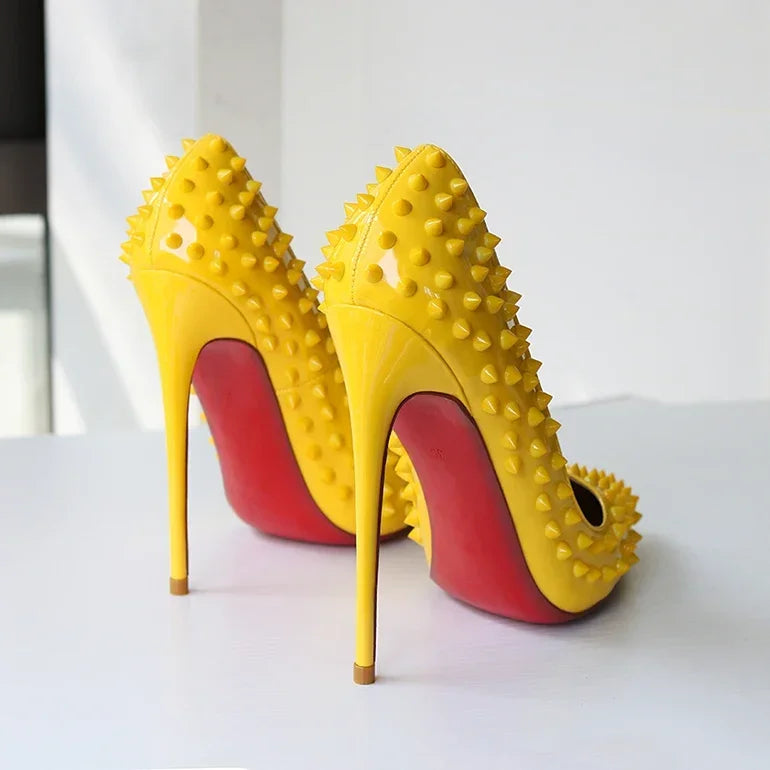 2025 new rivet high heels for women, 12CM pointed shallow mouth single shoes, socialite banquet shoes