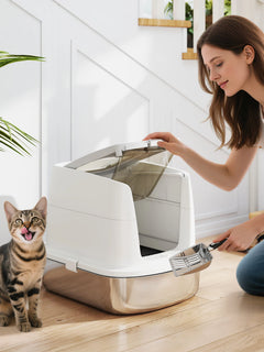 PawHut Lettiera per Gatti Chiusa a 2 Ingressi con Deodorante e Paletta, Lettiera per Gattini in Acciaio Inox, ABS e PP, 52.4x41.3x39.8 cm, Bianco