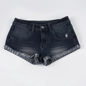Slim-Fitting Frayed Hem Denim Shorts Basic Low-Waisted Dark Wash Distressed Jean Shorts Women 2025 Summer Fashion Streetwear PlatiNum