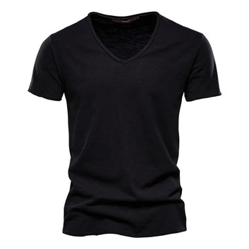 T-shirt da uomo in cotone 100% di qualità del marchio con scollo a V Fashion Design Slim Fit Soild T-shirt da uomo Top Tees T-shirt a maniche corte per uomo
