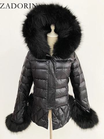ZADORIN 2025 Trend White Duck Down Patchwork Faux Fur Jacket Women Winter Warm Big FAUX Raccoon Fur Hood Women Faux Fur Coat