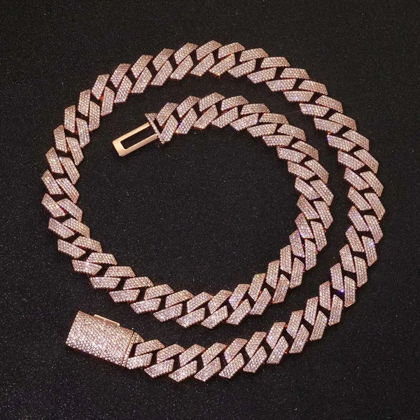 Bracciale cubano placcato oro rosa da donna da 15 mm Collana da uomo Miami in ottone con zirconi cubici brillanti hip-hop congelati