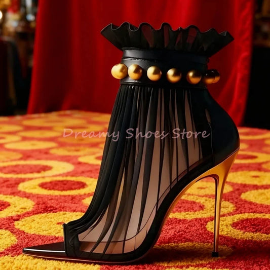 Black Mesh Gold Rivet Stiletto Ankle Boots Women Open Toe Pointed Back Zipper High Heels Sexy Fashion Party Prom Short Boots New