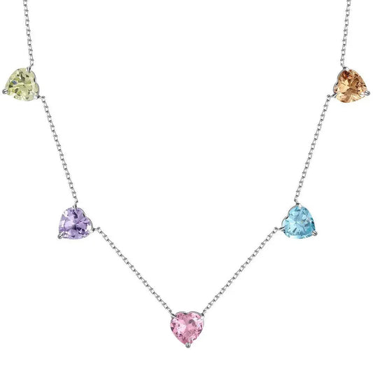 Collana girocollo da donna colorata pastello con 5 pietre portafortuna a forma di cuore grande