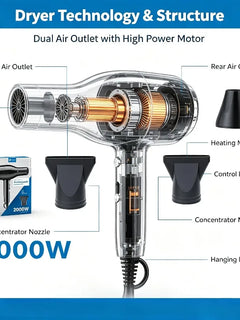WETECH 2000W Professional Hair Dryer Salon High Power Blow Dryer With Concentrator Nozzle Cool Shot Function Fast Drying Household Hair Styling Tool