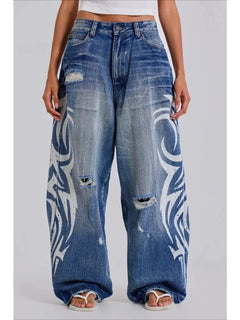 Jeans Vintage Y2k Strappati Deeptown per Donna, Pantaloni in Denim Blu Larghi con Stampa Harajuku, Stile Hip Hop Grunge Streetwear