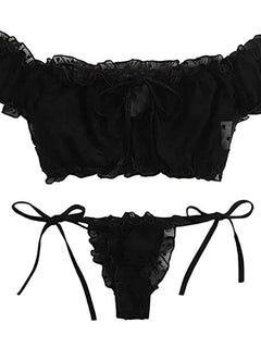 Mesh Dot Printed Off Shoulder Transparent Ruffle Bralette Bra and Panty Thong Underwear Sets Women's Sexy Lingerie Intimates