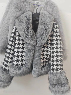 ZADORIN Autumn Winter Tweed Coat Woman Checkered Pattern Belted Faux Fur Coat Luxury Short Fur Trim Jacket Fur Coats For Woman