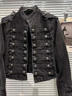 Punk-Stil Schwarz Stehkragen Jeansjacken Vintage Washed Motorradjacke für Damen 2025 Herbst Neue lockere Langarm-Oberbekleidung