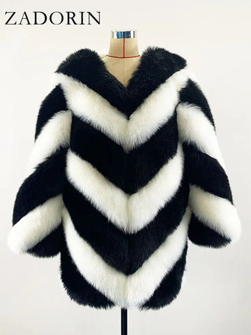 ZADORIN Korean Fashion Winter Faux Fox Fur Coat Women Luxury Color Contrast Long Thick Warm Fluffy Jacket Fake Fur Coats Jackets