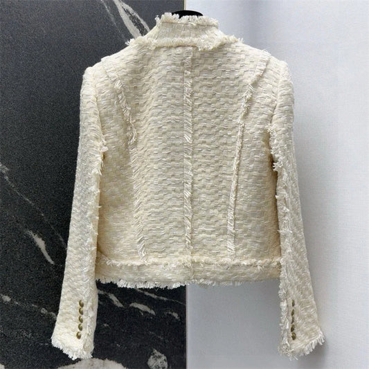 Women's jacket New autumn 2025 double breasted slim long sleeved top tweed weave Women's coat Cotton blend round neck outerwears