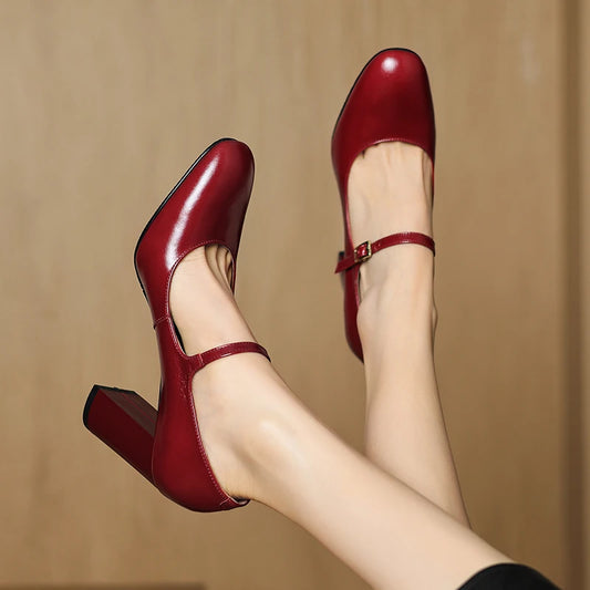 EAGSITY Cow leather classic high heel mary jane shoes women chunky heel round toe party wedding dress shoes