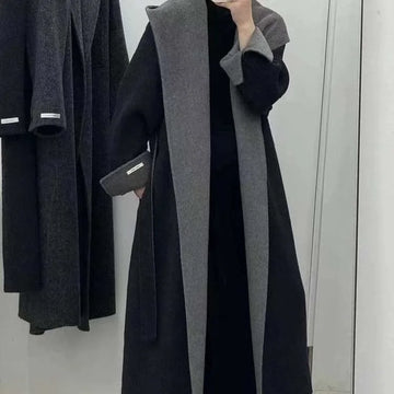 UCXQ Color Blocked Double Sided Wool Coat For Women Hooded Long Sleeved Belt Cardigan Coats 2025 Autumn Winter New Tide 23Z3934
