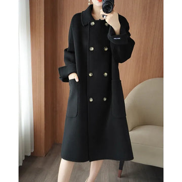 Ladies' 100% Cashmere Thick Double-Sided Extended Coat, Classic, Versatile and Fashionable for Business and Leisure
