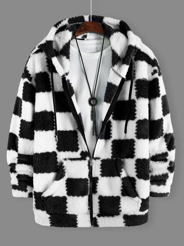 Men's Black & White Checkerboard Fleece Hooded Zip-Up Jacket Winter Thick Warm Sherpa Casual Coat