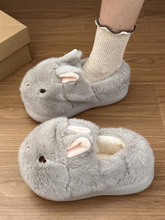 New Cute 3D Rabbit Furry Slippers Women Winter Warm Plush Closed Back House Shoes Non Slip Bunny Indoor Flip Flops Home Slipper