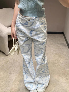 Jeans stampati bianchi da donna a vita alta a gamba larga coreani dritti larghi casual versatili autunno nuovi pantaloni alla moda di High Street