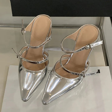 Liyke New Fashion Transparent Wedge Slippers Women Pumps Patent Leather Pointed Toe Buckle Strap Designer High Heels Mules Shoes PlatiNum