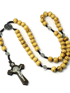 Collana con croce di rosario con perline di legno da 10 mm per donna uomo cristiano Vergine Maria INRI catena con ciondolo gioielli religiosi di moda