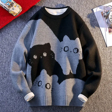 Cartoon Cat's New Knitted Sweater 2025 Men's Autumn/Winter Warm Knitted Sweater Men's Pullover Home Clothes