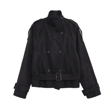 Elegant Suede Women Jacket Turn Down Collar Double Breasted Belt Waist Slim Jackets 2026 Autumn Winter Female Fashion Tops