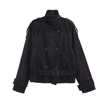 Elegant Suede Women Jacket Turn Down Collar Double Breasted Belt Waist Slim Jackets 2026 Autumn Winter Female Fashion Tops