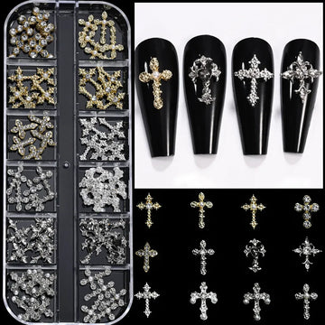 60pcs 12Grid Chic Vintage Cross Nail Art Charms with Diamond Y2K Metal Style Alloy Cross Nail Gold Silver Cross Nail Decorations