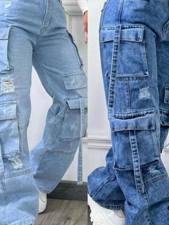 Nuovi Jeans da Donna 2026 alla Moda, Tinta Unita, Casual, Stile Workwear, in Denim, a Vita Alta, Multitasche, Vestibilità Ampia, Versatili, Taglie Forti
