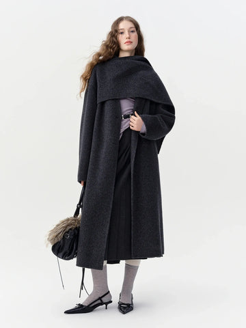 DUSHU Double-faced Wool Coat Detachable Scarf Collar Korean Style Thickened Woolen Long Overcoat for Winter Commute