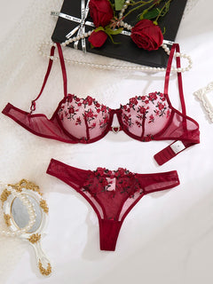 Ladies' Wine Red Heart-Shaped Design Embroidered Semi Transparent Comfortable Breathable Underwear Set, Suitable ZA825026