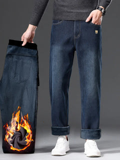 Men's Winter New Style with Plush Retro Washed Elastic Jeans Thickened and Warm Versatile and Minimalist Style Pants