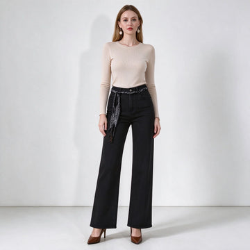 Women's Black Flared Jeans, High Waist, Stretch Denim, Loose Fit, Stitching Details, Elegant Casual Style, Fashionable Trousers, Perfect for All Seasons, Sizes Xs-Xl,Fx1338-1