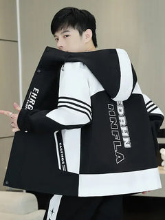 Spring Autumn Men's Hooded Jacket Loose Versatile Trendy Color Block Fashion Outerwear Windproof Thickened Long Sleeve Zipper