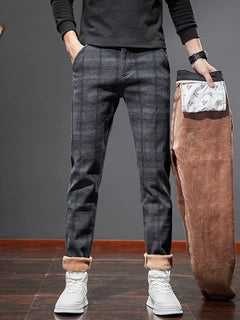 Classic Style Men's Fleece Casual Pants Fashion Striped Plaid Business Straight Slim Casual Pants Black Gray Brand Men Trousers