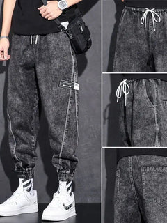 Loose Elastic Waist Denim Jeans for Men 2024 Fashion Casual Spring Workwear Foot-Tied Pants with Brand Workwear Baggy Trousers