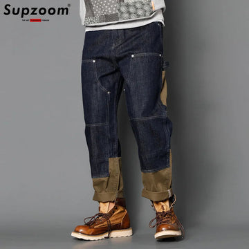 Supzoom New Arrival Hot Sale Top Fashion Autumn Zipper Fly Stonewashed Casual Patchwork Cargo Denim Pockets Cotton Jeans Men PlatiNum