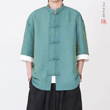 Camicia da Uomo di Lusso con Sfumature Colorate, Jacquard a Maniche Corte, Stile Cinese Tradizionale, Fresca per l'Estate, in Seta Ghiaccio