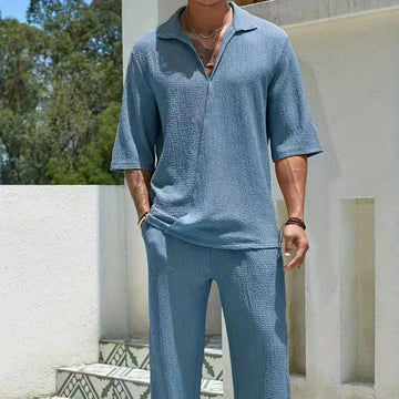 Camicia e pantaloni a maniche corte da uomo alla moda in puro colore elasticizzato traspirante confortevole casual da spiaggia per il tempo libero per la primavera platinumshop
