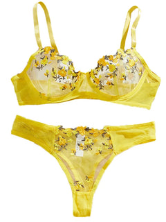 Embroidery Women's Transparent Mesh Underwear Two-piece Bra And Panties Sets