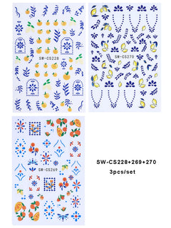 3/5pcs 3D Blue Fruit Bohemian Nail Sticker Cartoon Lemon Orange French Floral Petals Lines Leaves DIY Summer Manicure Decoration
