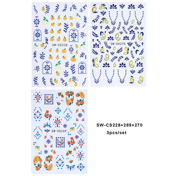 3/5pcs 3D Blue Fruit Bohemian Nail Sticker Cartoon Lemon Orange French Floral Petals Lines Leaves DIY Summer Manicure Decoration